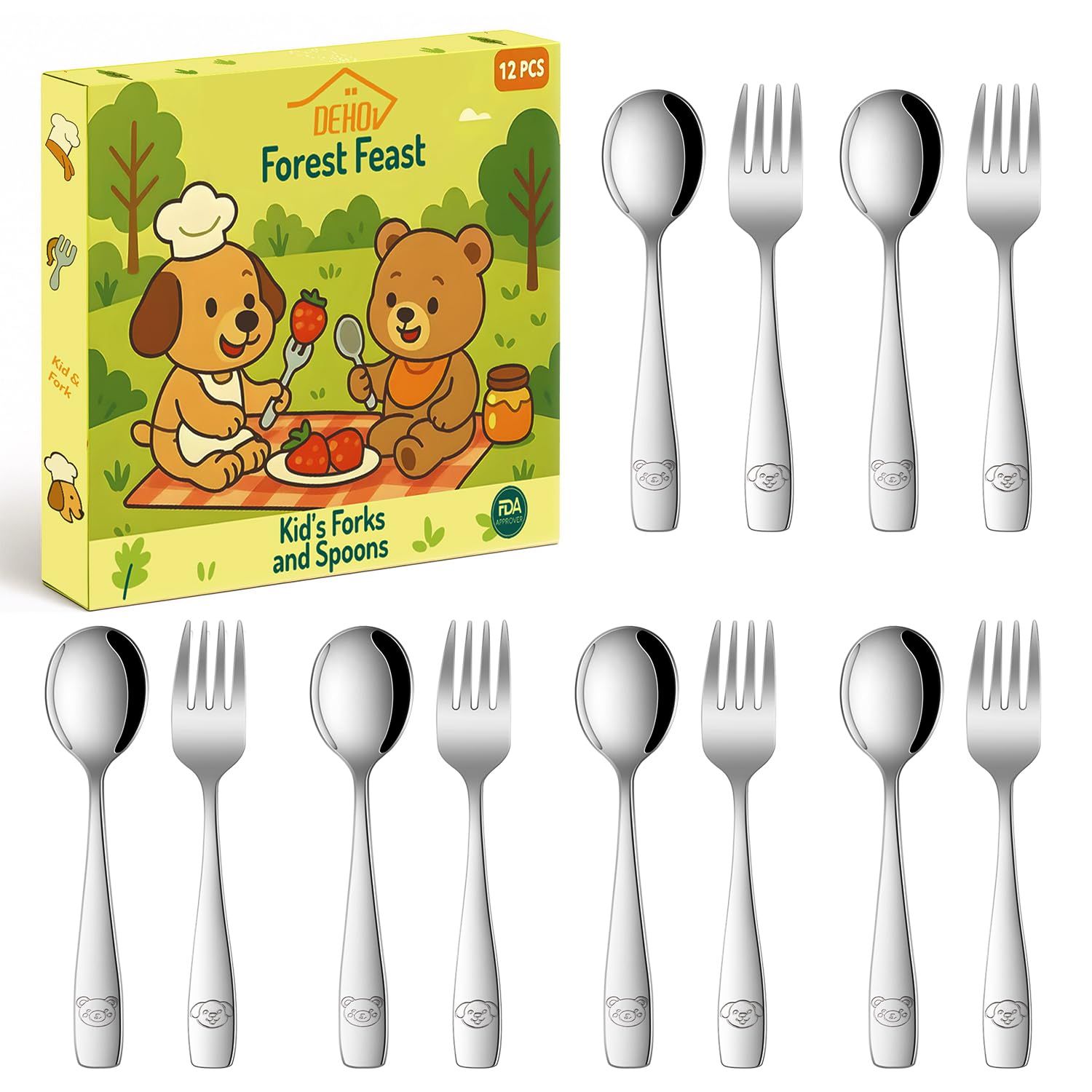 DEHOV Toddler Eating Utensils Set,Set Of 12 Food Grade Stainless Steel Silverware Sets For Kids,Dishwasher Safe Children Small Metal Spoons And Forks Flatware Sets