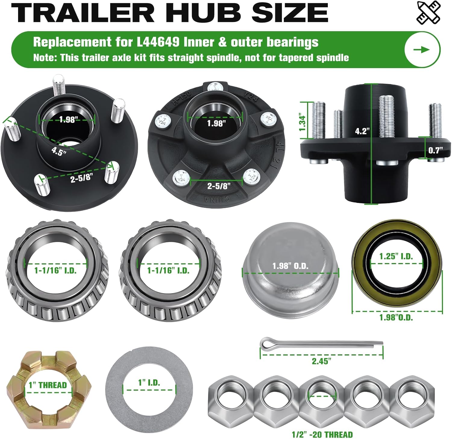 Podoy 2000LB Trailer Hub Kit 5 on 4.5", 2 Pack Trailer Idler Hubs for 1-1/16" Straight Spindle, Pre-Greased L44649 Bearings, 5 Lug Boat Trailer Hub Kit with Seals Dust Caps(Only Fit Straight Spindle)