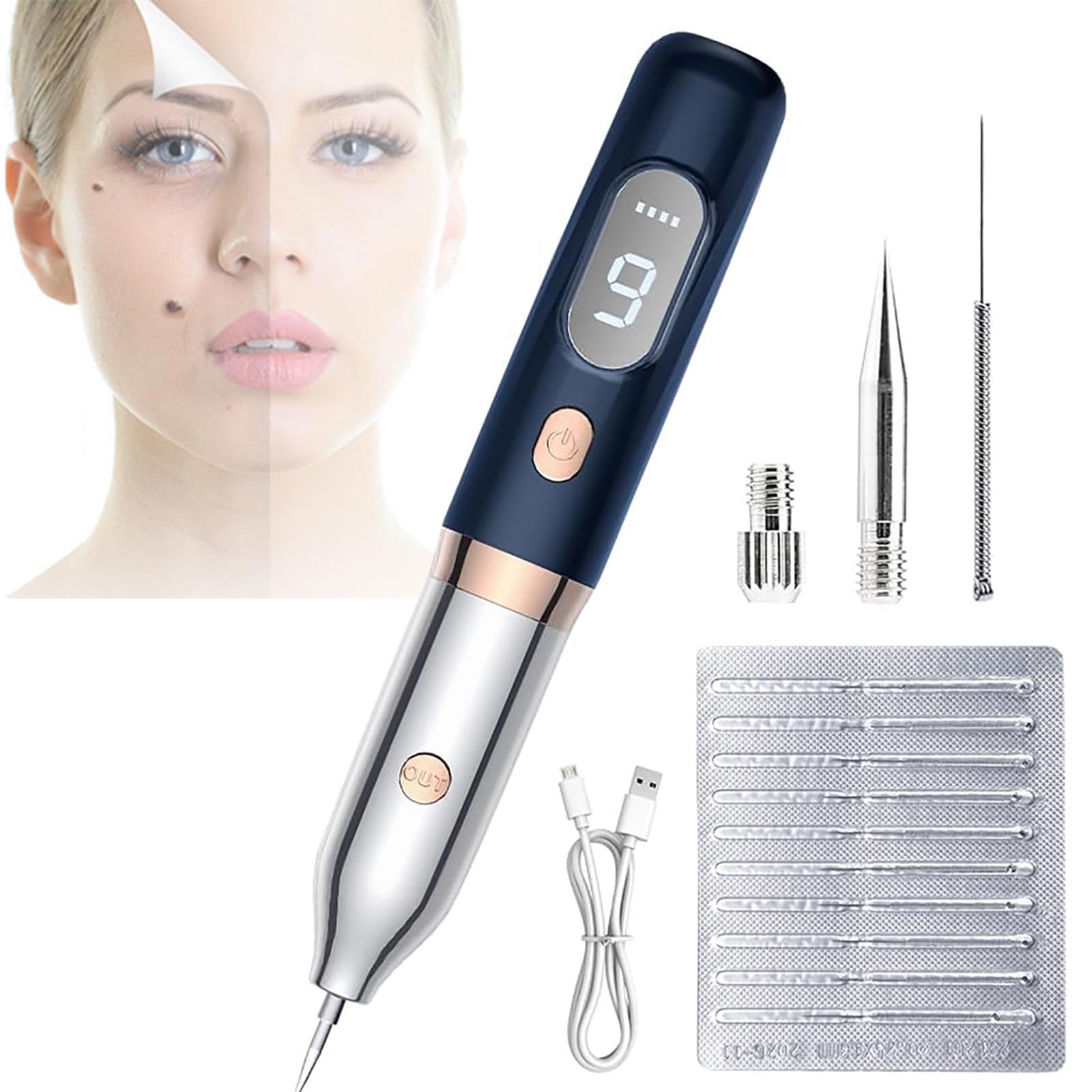 BolíGrafo Profesional para Eliminar Lunares, BolíGrafo De Plasma, con Luz Roja Y Azul para El Cuidado De La Piel, 9 Niveles De Ajuste, Se Utiliza para Eliminar Pecas, Lunares, Verrugas