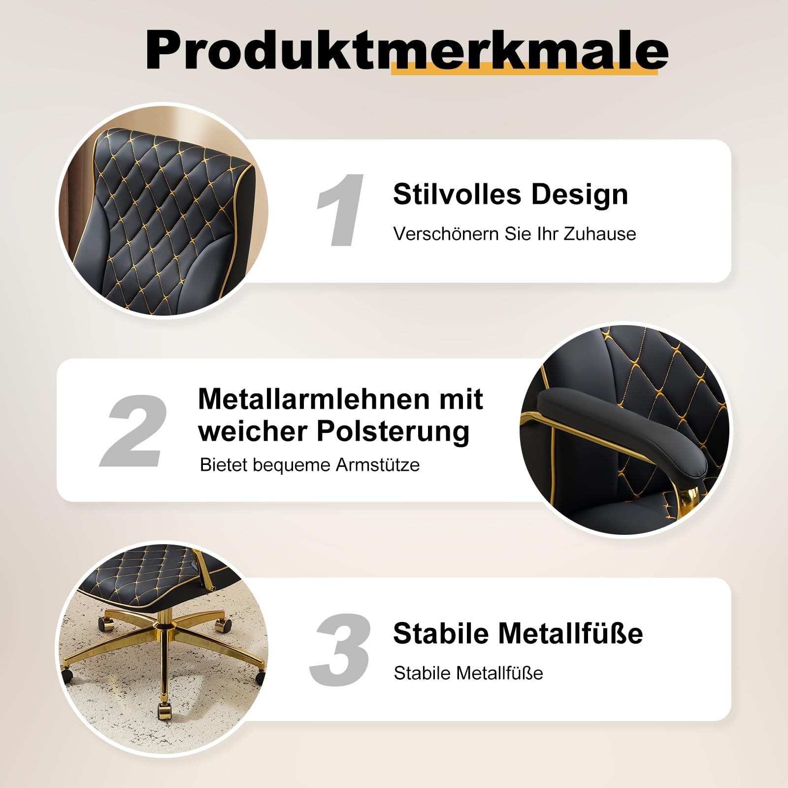 Bürostuhl Ergonomisch, PU Leder Chefsessel, Schreibtischstuhl Computerstuhl Drehstuhl mit Hoher Rückenlehne, Gepolsterter Armlehnen und Höhenverstellbar, Neigefunktion, Schwarz