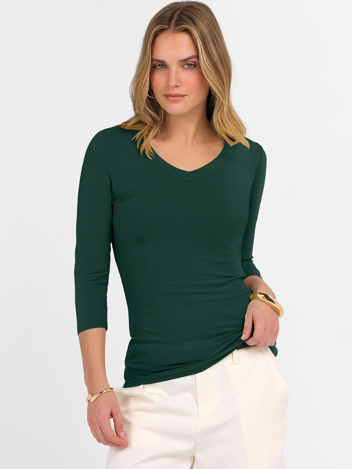 ANRABESS Womens Tops 3/4 Sleeve V Neck Ribbed Knit Slim Fit Shirts Basic Tee 2026 Fall Outfits Casual Tshirt Fashion Clothes - Image 7