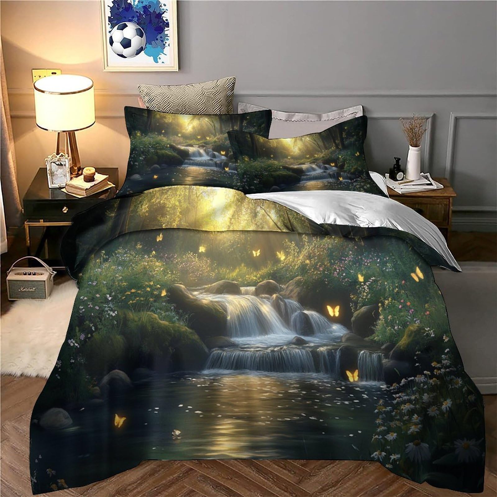 Ruscello della foresta Impressione 3D 3 pz fodera per edredone Natura Fantasia Arte coperteletto microfibra zip antiacari per bambini adolescenti adulti Super king（260x220cm）