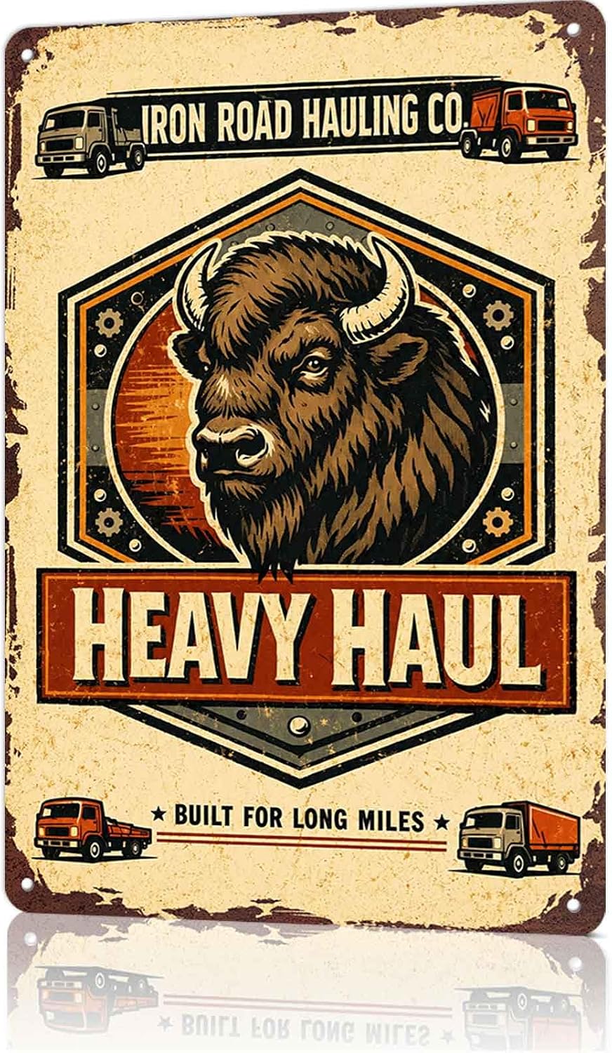 Bison Heavy Haul Metal Sign 8x12 Inch, Funny Wall Decor for Man Cave Garage Home Office Workshop Bar Pub Trucking Company and Truck Driver