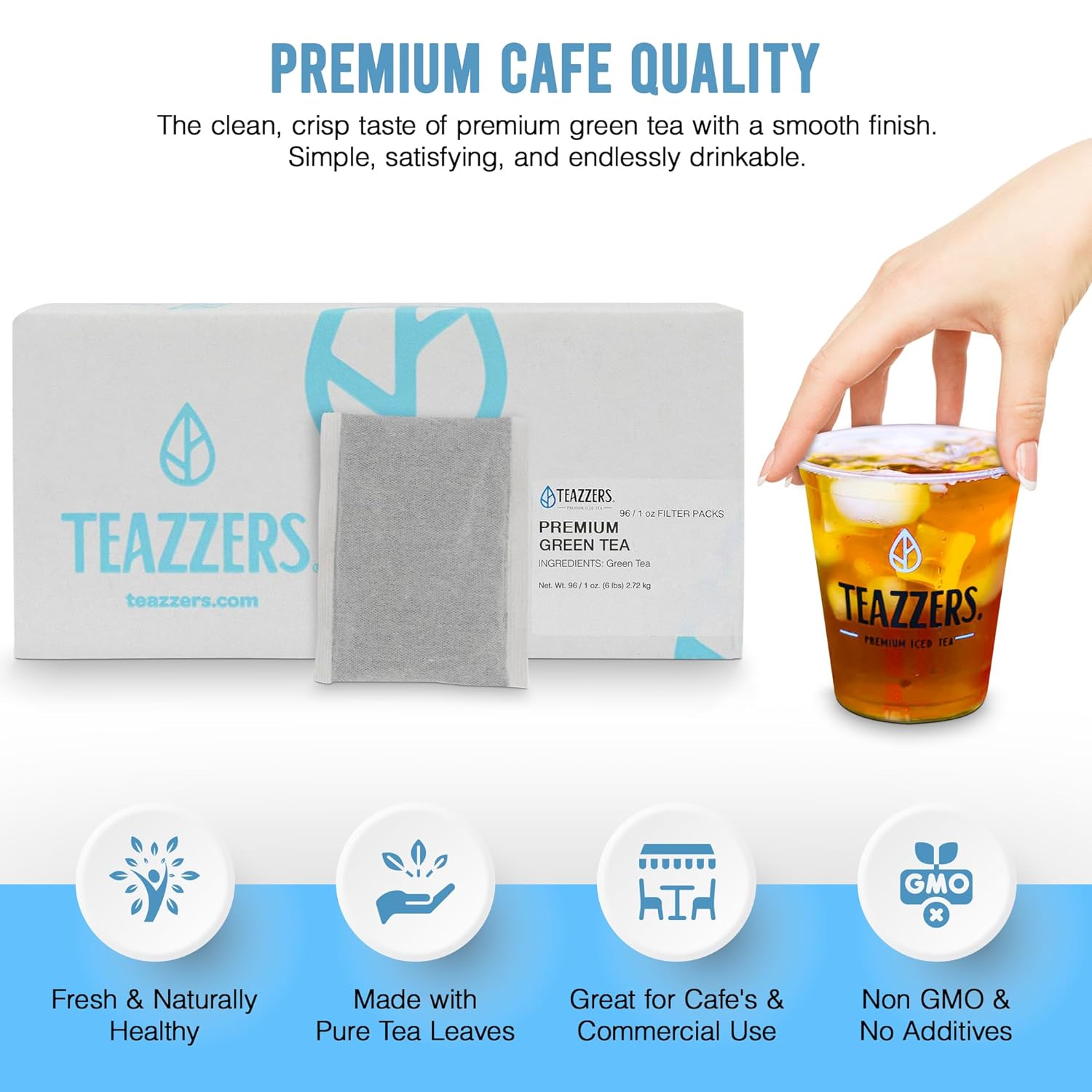 Teazzers Premium All-Natural Green Tea Bags – Great for Foodservice Commercial Ice Tea Brewers | Unsweetened USA-Made Bulk Green Tea for Restaurants, Cafés & Home Brewing (1 Ounce, 96 Count)