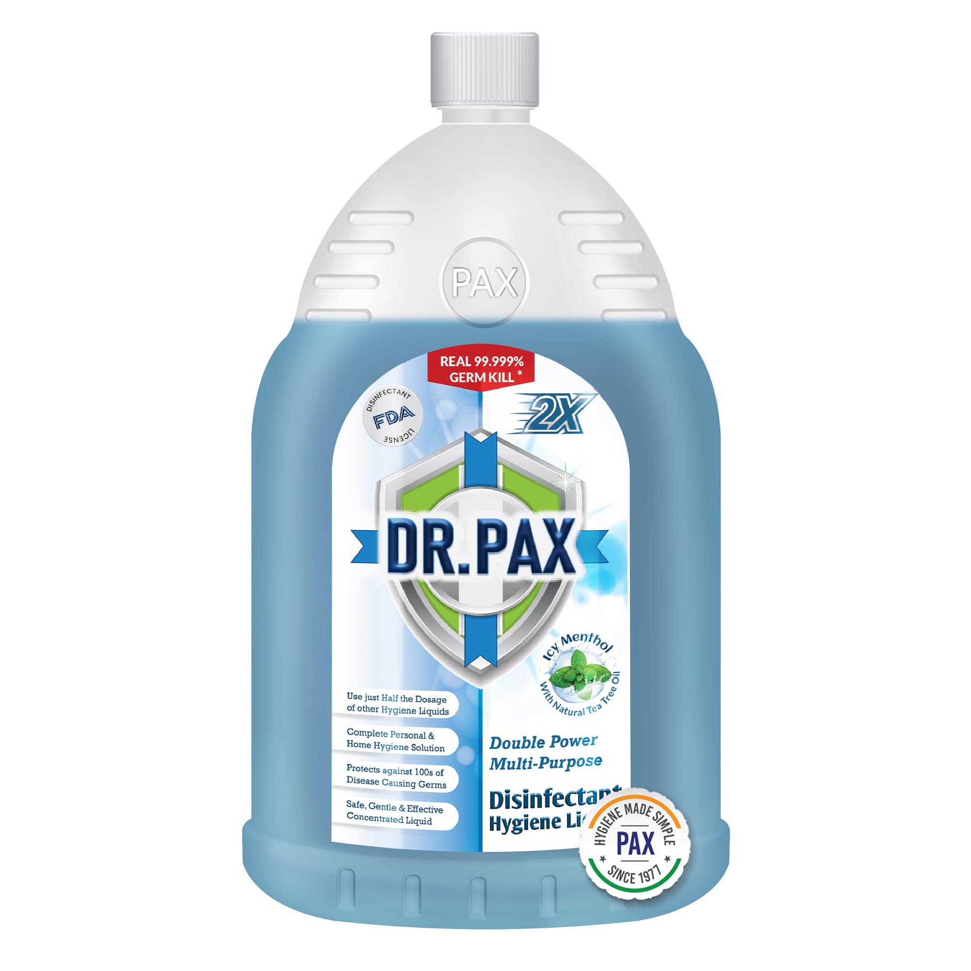 Dr Pax Double Power Hygiene Disinfectant Liquid 1L | Premium Super Concentrated Multi-Use Antibacterial Cleaner with Essential Oils | Safe for Homes, Offices, Clinics -Icy Menthol