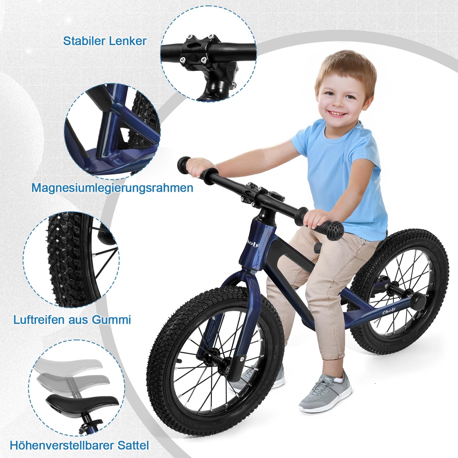 CHOLY 14 Zoll Laufrad für Kinder von 3-6 Jahren, Pedalfreies Kinderfahrrad | verstellbarem Sitz, Luftreifen und Rahmen aus Magnesiumlegierung, leichtes Trainingsfahrrad für Kinder