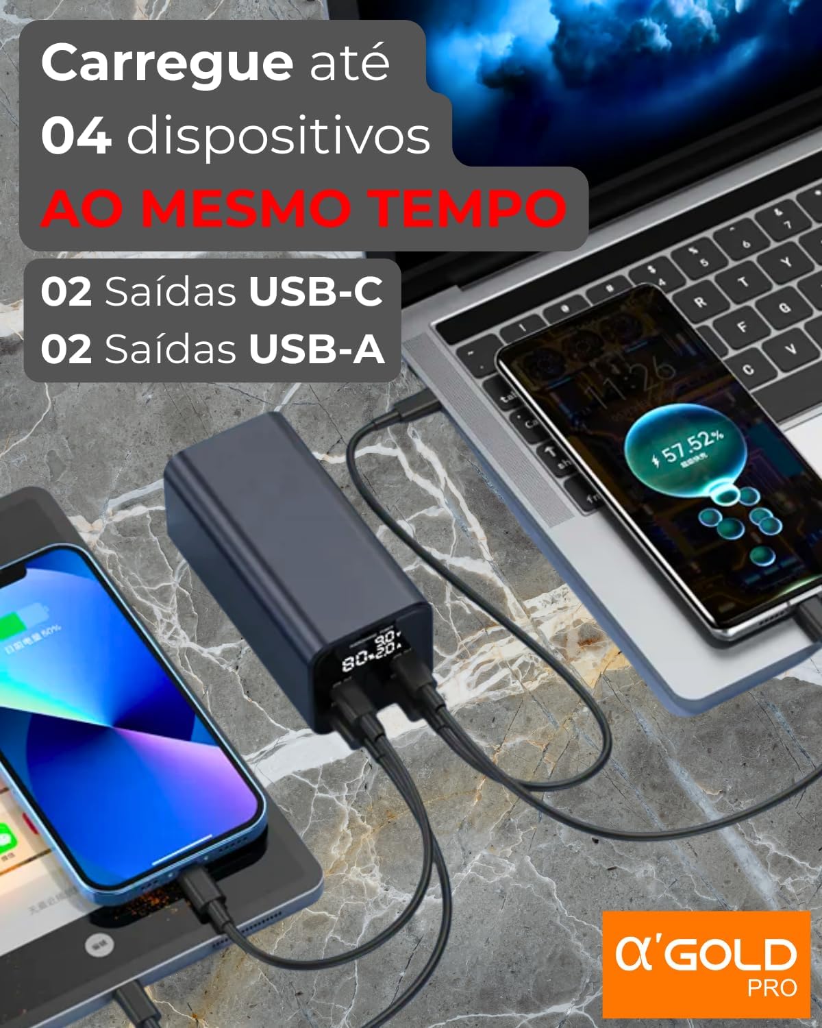 Power Bank A'Gold BTE-92 20000mAh Turbo 65W p/Notebook + 2 Cabos USB-C (20cm + CB-88 LED Trançado 66W 1m), 4 Saídas, PD QC4.0, Visor Digital, Compatível MacBook, Dell, Samsung, Xiaomi Power Bank A'Gold BTE-92 20000mAh Turbo 65W p/Notebook + 2 Cabos USB-C (20cm + CB-88 LED Trançado 66W 1m), 4 Saídas, PD QC4.0, Visor Digital, Compatível MacBook, Dell, Samsung, Xiaomi