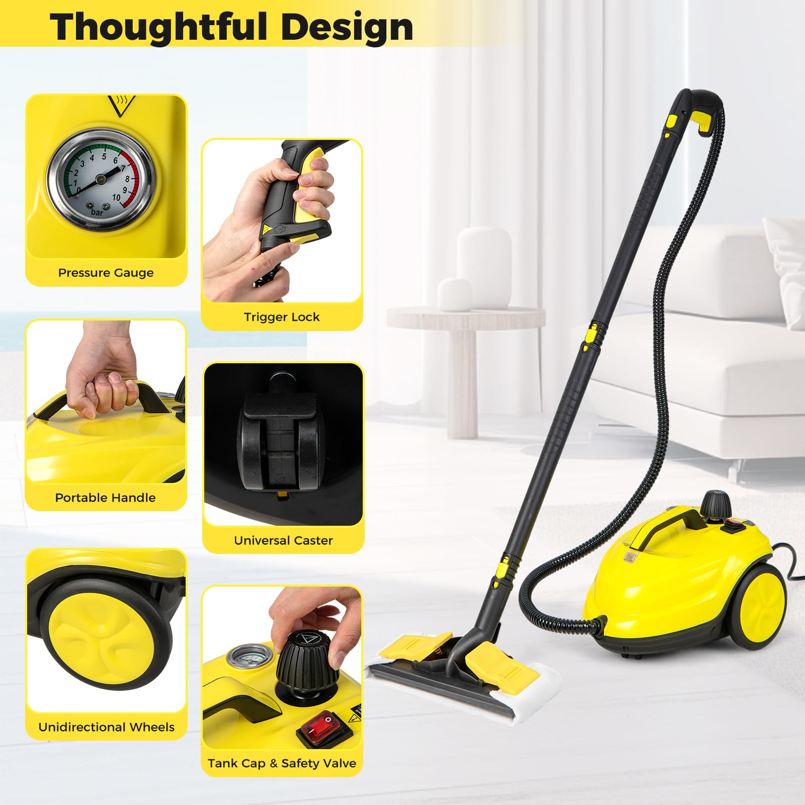 SOARS Potente Pulitore a Vapore 2000W, 14 Accessori, Pressione Massima 5 Bar, Temperatura 160℃, Riscaldamento Rapido 8 Minuti, Serbatoio 1,8L, per Pavimenti, Divani, Cucina, Superficie 108 m² (Giallo)
