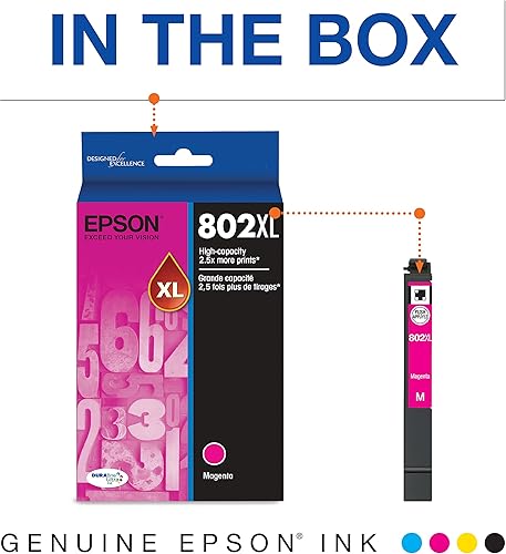 Miniatura 3 de Epson T802 DURABrite Ultra - Tinta magenta de alta capacidad y T802 DURABrite Ultra - Tinta de capacidad estándar Amarillo - Cartucho (T802420-S)