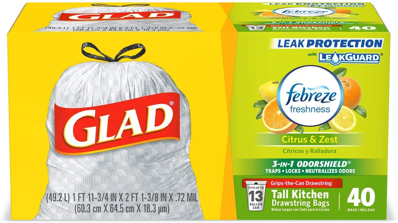 Glad Trash Bags, Tall Kitchen Drawstring Garbage Bags, OdorShield 13 Gallon Grey Trash Bag, Febreze Citrus and Zest, 40 Count