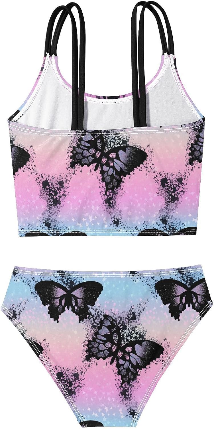 visesunny Girls Two Piece Swimsuits Butterfly Silhouette Graphic Girl's Bikini Sets Bathing Suits for Girls Size 5-12Y
