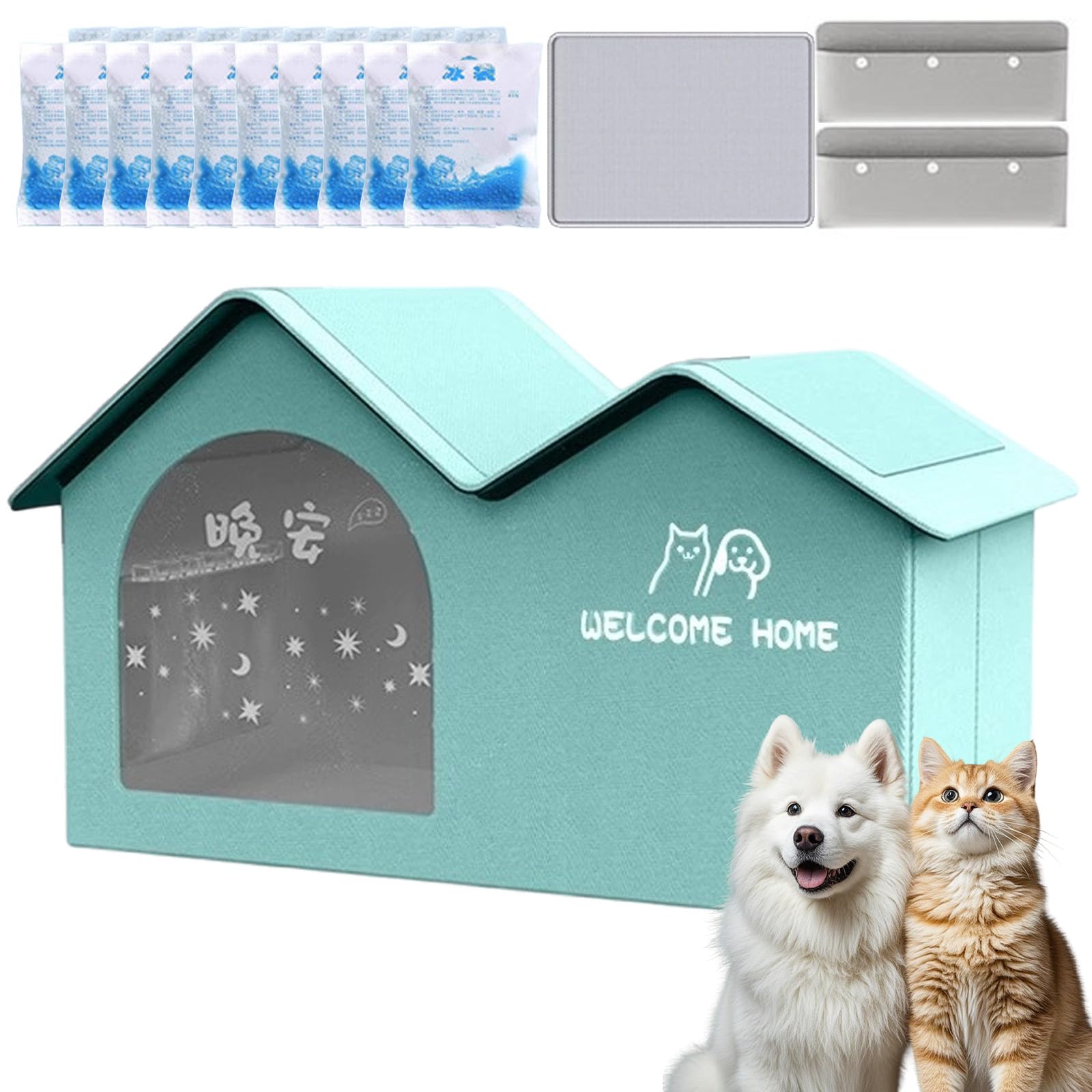 Premium Pet Cooling House with 10 Ice Packs, Foldable Air Conditioned Cat Bed for Indoor and Outdoor Summer Use, Weatherproof Dog Shelter (Green, XL (Within 55 catties))
