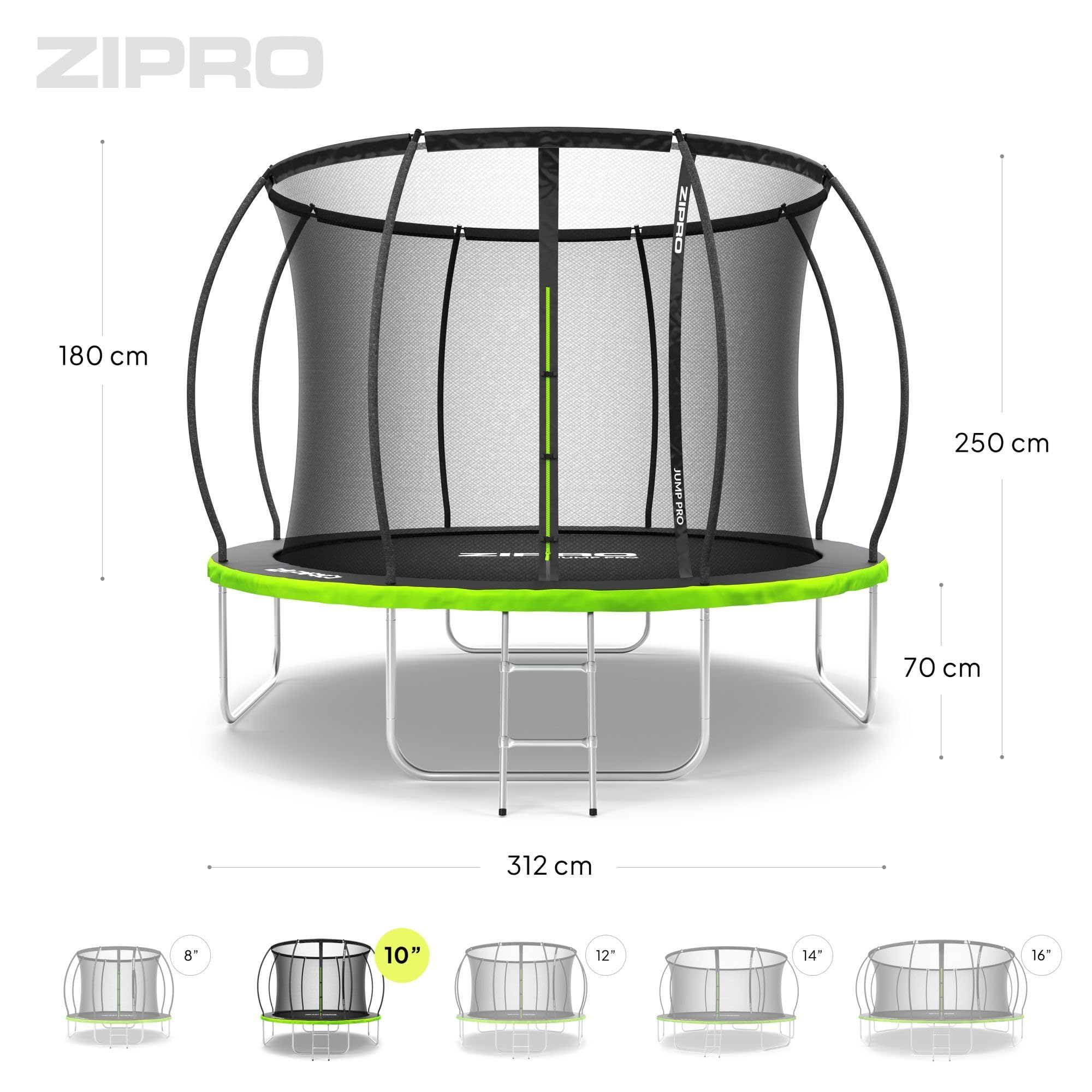 ZIPRO JumpPro Premium Trampolín Exterior, Cama Elástica para Niños, con Red Interna, Resistente, Protección UV, Montaje Fácil, Soporta hasta 150 kg, Ø 252/312/374/435/496 cm