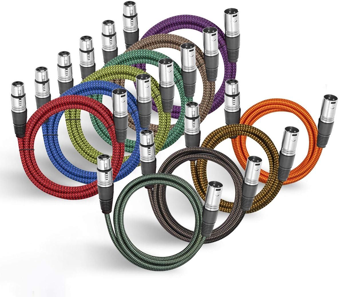 BIFALE Heavy Duty Hybrid Braided XLR Patch Cable - 2ft, 3Pin XLR Male to Female Multi-Colored Microphone Cable - Balanced Mic/Snake Cord - 10Pack (TOP Series)