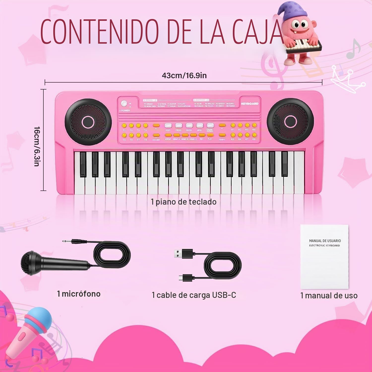 Teclado Piano Musical Educativo para Niños Piano Infantil Portátil 37 Teclas con Micrófono Juguetes Musicales Regalo para Niños y Niñas de 3 4 5 6 7 Años Rosa