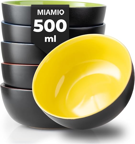 MIAMIO - 6 x 500ml Juego De Cuencos/Tazones Exterior Negro Interior De Color - Le Papillon Colección (Multicolor) - 1