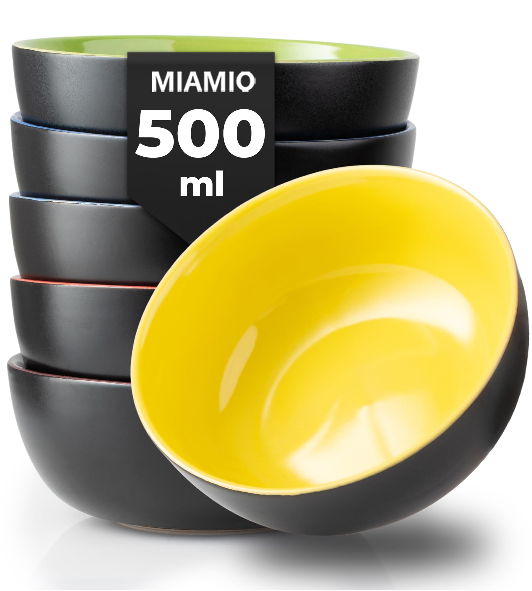 MIAMIO - 6 x 500ml Juego De Cuencos/Tazones Exterior Negro Interior De Color - Le Papillon Colección (Multicolor)