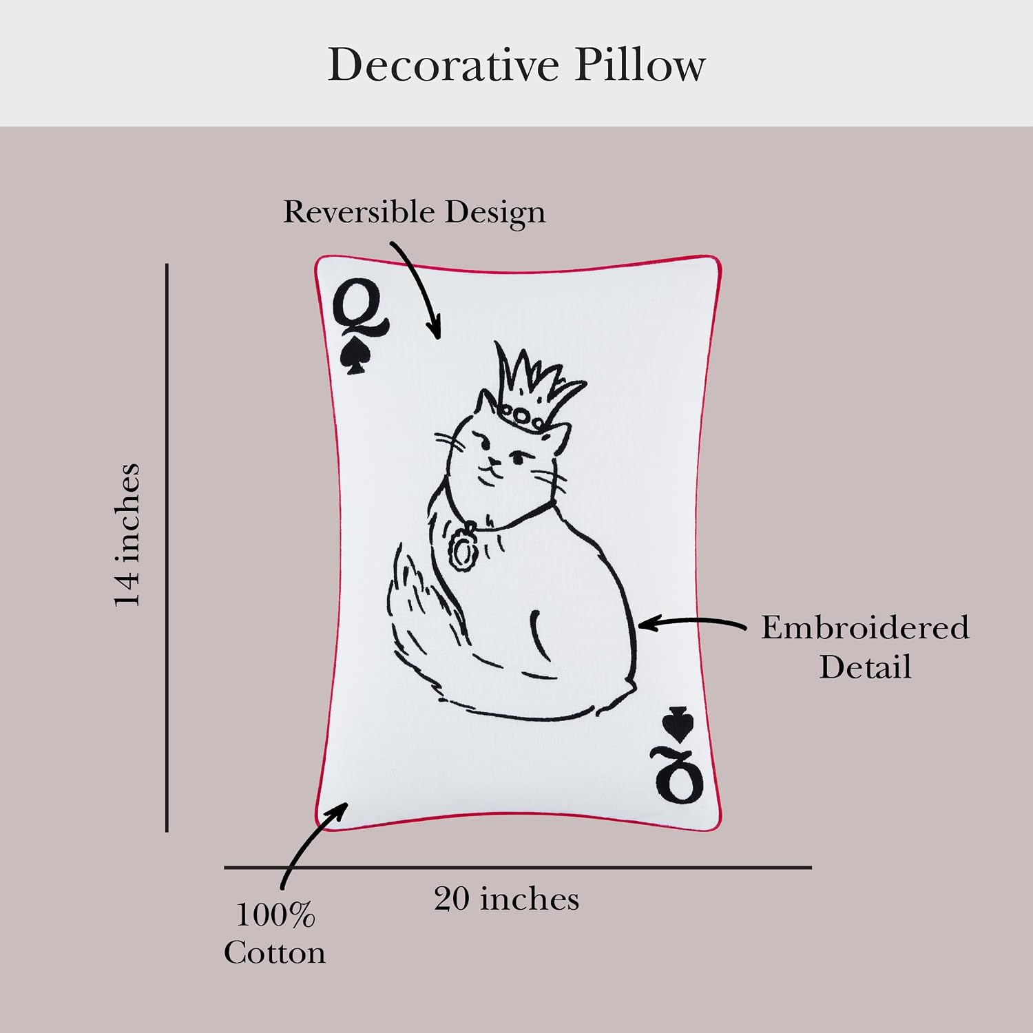 kate spade new york Queen of Spades Reversible Decorative Pillow, 14" x 20" Throw Pillow for Bed or Sofa, Cotton Cover, Black, White, Pink and Red
