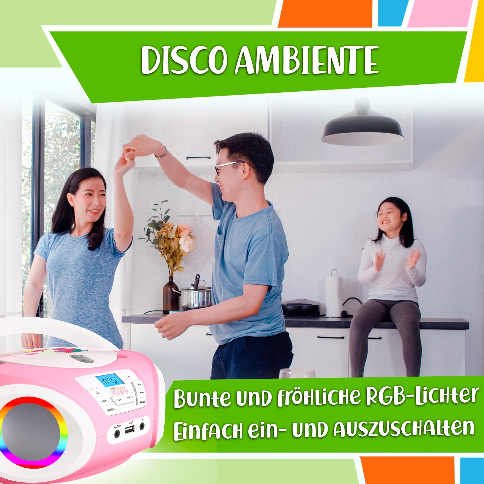 TINYGEEKS Tunes Kids Boombox CD-Player für Kinder NEU - UKW-Radio - Inklusive Batterien - Rose Radio - mit Lautsprechern Kinder und Kleinkinder - Rose