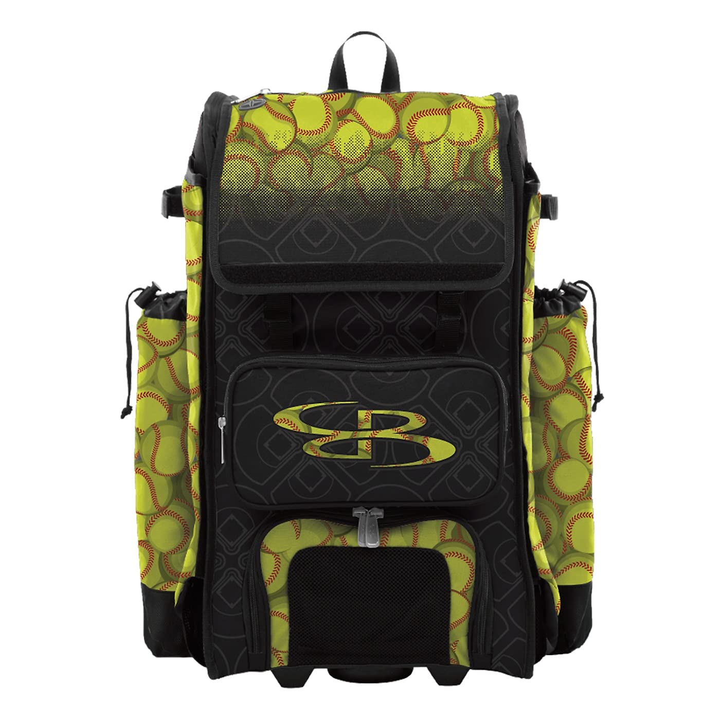 Boombah Catchers Superpack Hybrid Rolling Bat Bag - Softball Black/Optic Yellow/Red - Wheeled & Backpack Version