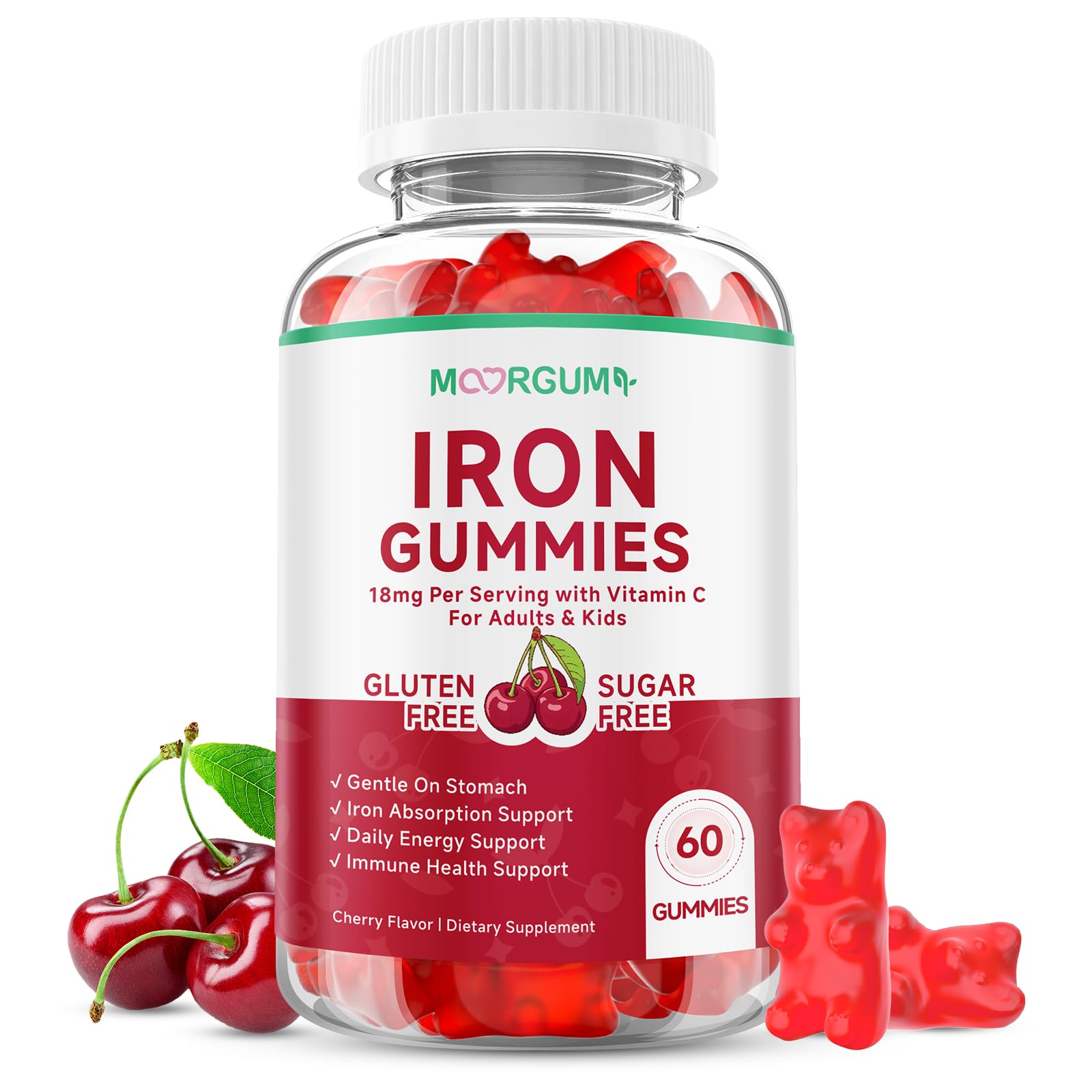 Iron Gummies with Vitamin C, High Absorption 18mg Iron Supplements for Adults & Kids, Blood Builder & Energy Support for Women and Men, Gentle on Stomach, Cherry Flavor, 60 Count 60 Count (Pack of 1)