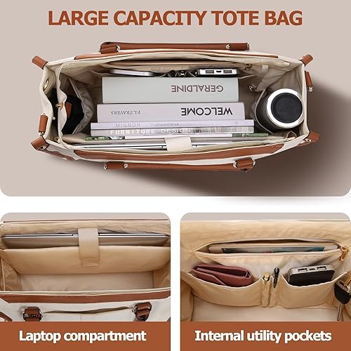 Miniatura 4 de HOMIEE Bolsa de lona para laptop para mujer, se adapta a bolsa de hombro de trabajo de 15.6 pulgadas, bolsa de computadora casual para conferencias,