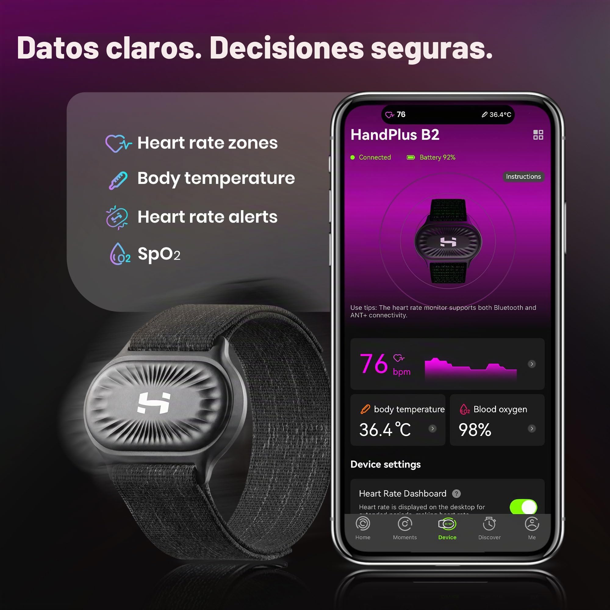 HandPlus - Monitor de frecuencia cardíaca, rastreador óptico de fitness de grado de entrenamiento cómodo, HR óptico avanzado con precisión de zona, almacenamiento sin conexión de 72 horas, Bluetooth y