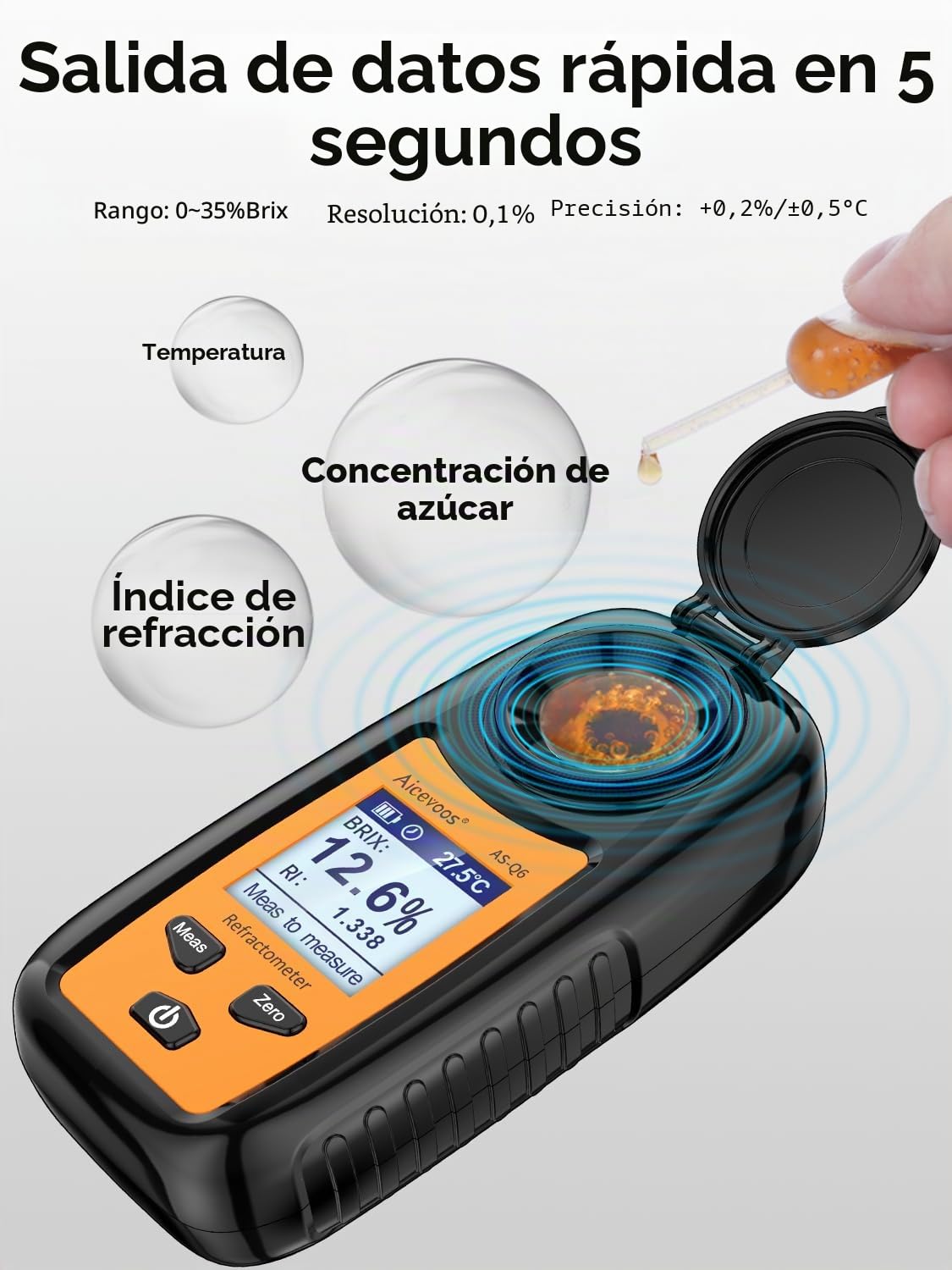 Q6 Refractómetro Digital Brix, Refractómetro UVA Compensación automática de Temperatura Refractómetro Brix Rango 0-35%，±0.2% Precisión