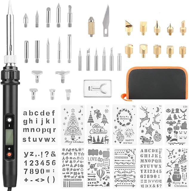 Achort Wood Burning Kit 48Pcs Pyrography Pen Set Digital Soldering Iron Rapid Heating Adjustable Temperature Soldering Embossing Carving Welding Repair Pyrography Tips Stencils Wood Craft Tool Set