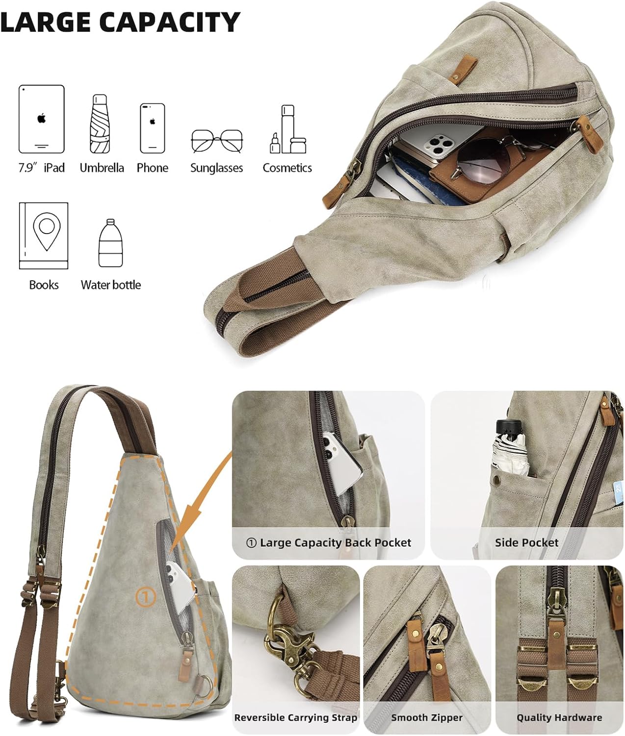 KL928 PU Leather Sling Bag - Small Crossbody Backpack Shoulder Casual Daypack Rucksack for Men Women(Olive Green) - Image 4