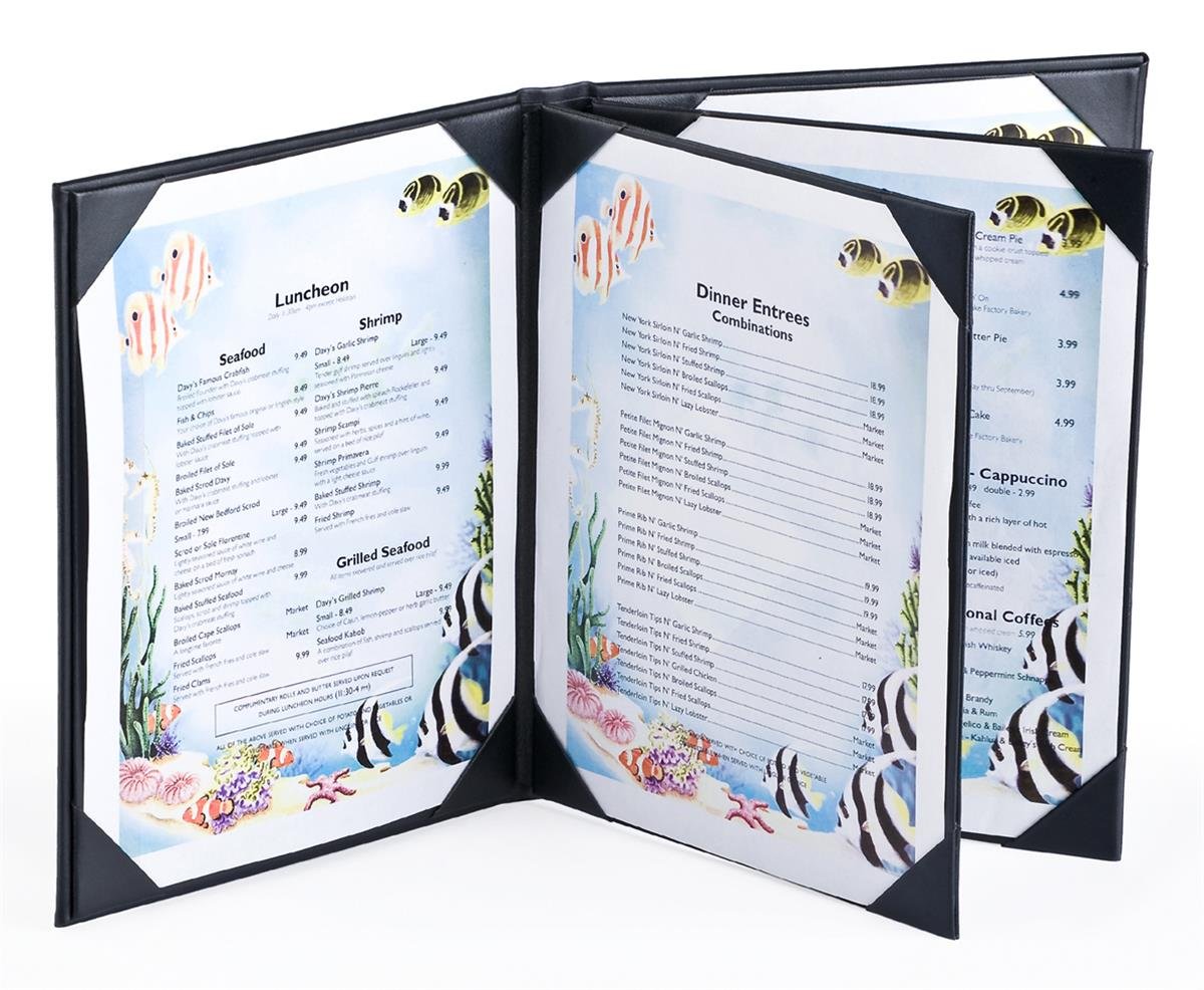 Set of 25, 4-Page Menu Covers with Hardcover Design Hold (6) 8.5x11 Entrée Lists, Restaurant Menu Holders with Photo Album-Style Corners, Black, Synthetic Leather - 9" x 11" x 1"