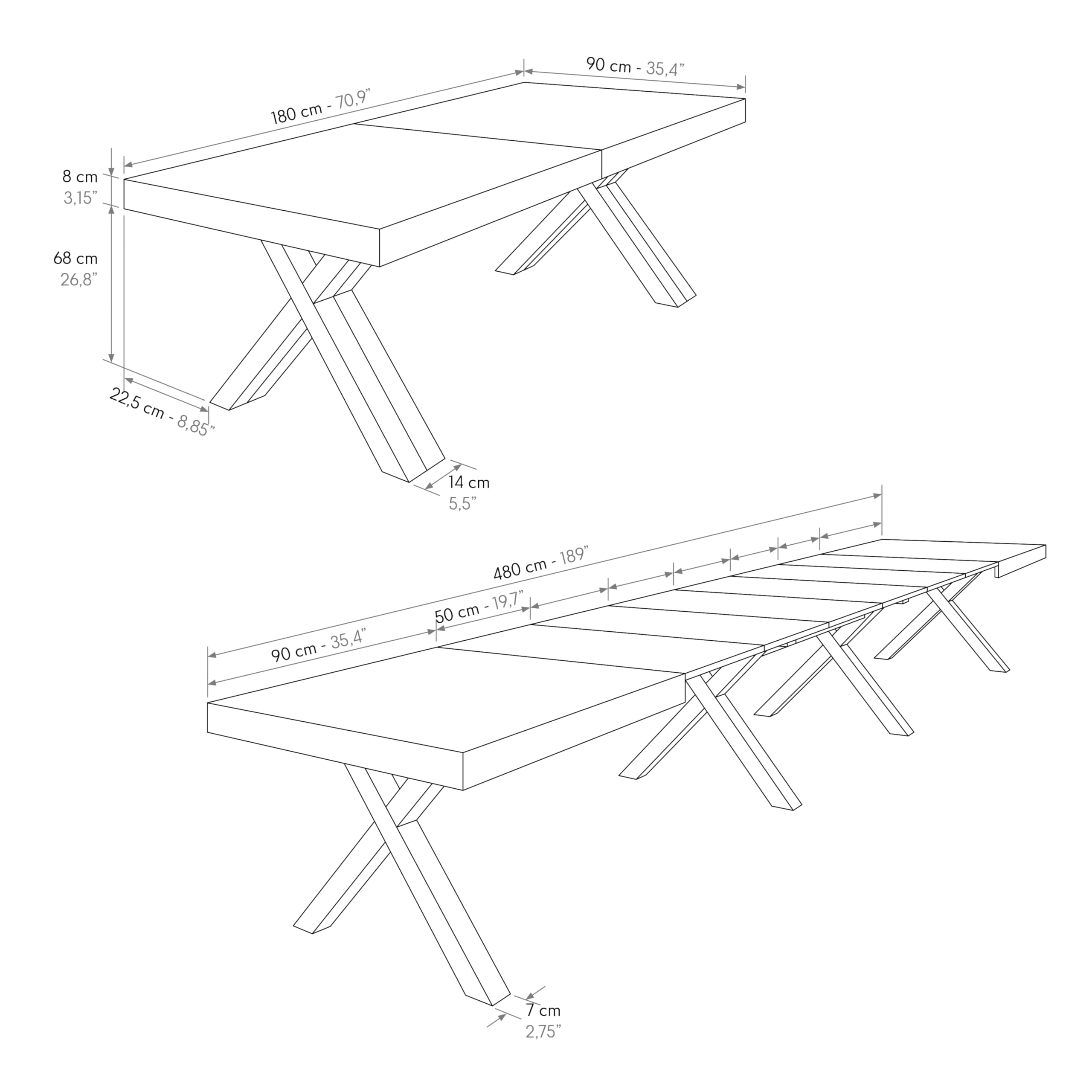 PAZZO DESIGN Roberta Ausziehtisch, Wohnzimmertisch, Küchentisch, rustikale Eiche, gekreuzte Beine weiß, 180 bis 480 cm, hergestellt in Italien, id_2407