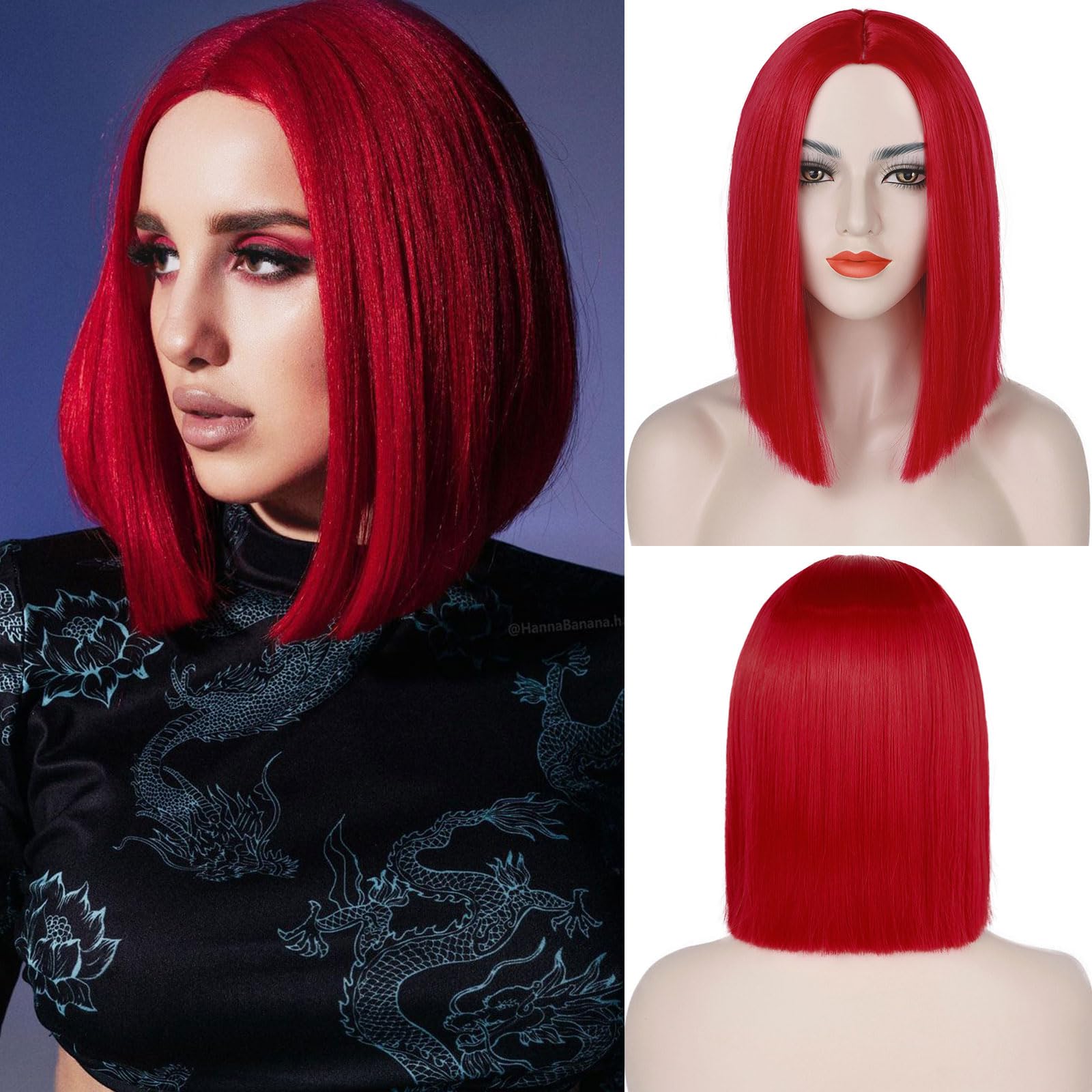 Tereshar Red Wig For Women Short Straight Bob Without Bangs Middle Part Shoulder Length Heat Synthetic Colored Wigs for Party Costume Cosplay