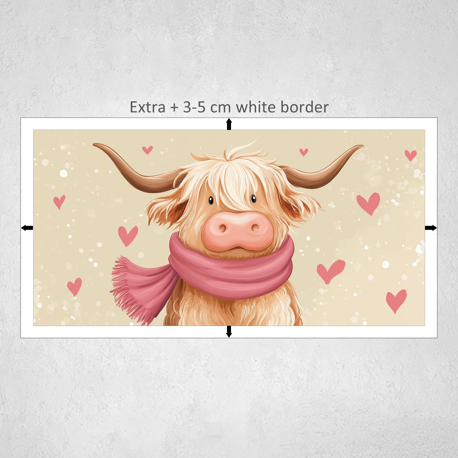 Generisch Niedlich Tiere Hochlandrind Herz Modernes Leinwandbild 140L x 70B cm mit Rahmen, Cartoon Stil XXL Wanddeko für Wohnzimmer Geschenk Idee Einzug - Hochwertiger Kunstdruck auf Holzrahmen