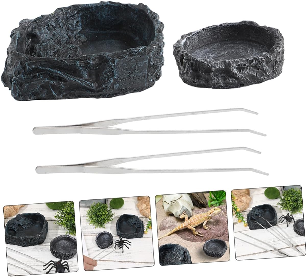 Bearded Dragon Food Bowl Snake Feeding Dish Set with Small Gray Bowl and 27cm Curved Feeding Tongs for Reptile Tank Accessories