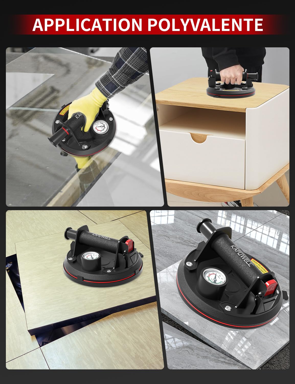 2 x Ventouse Carrelage avec Manomètre, Ventouse Vitre Professionnelle, Charge Max 200 kg/pièce, VentousePare Brise pour Verre, Carreaux, Marbre, Meubles, Plaques, Diamètre 200mm avec Boîte