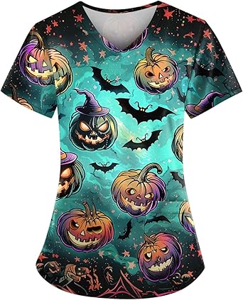 OIOLOYJM Halloween Christmas Scrub Tops Women Printed V Neck Short Sleeve Plus Size Scrubs for Womens Shirts with Pockets