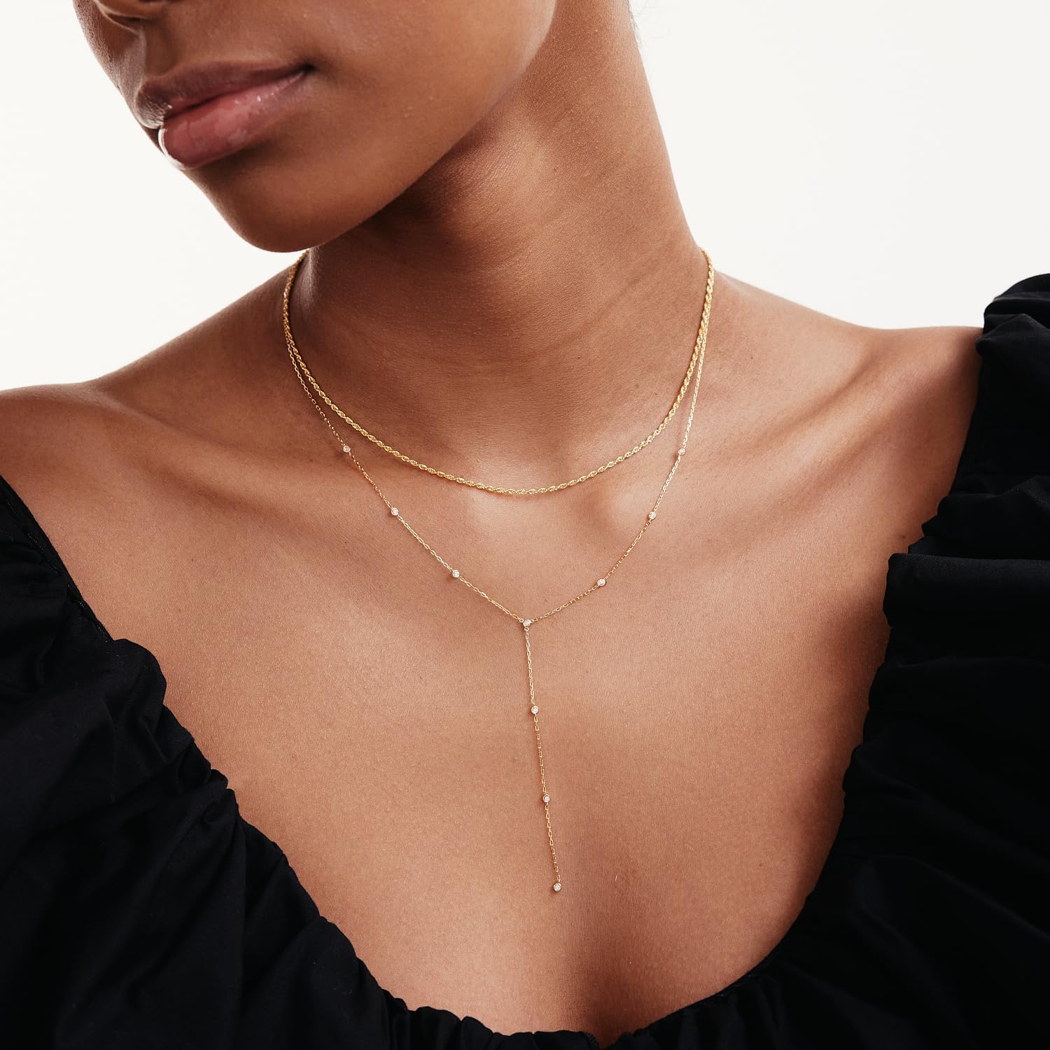 Gelin Diamond Bezel-Set Station Y-Necklace in 14K Solid Gold | Diamond Drop Lariat Pendant for Women | Layered Necklace, 18" - Image 5