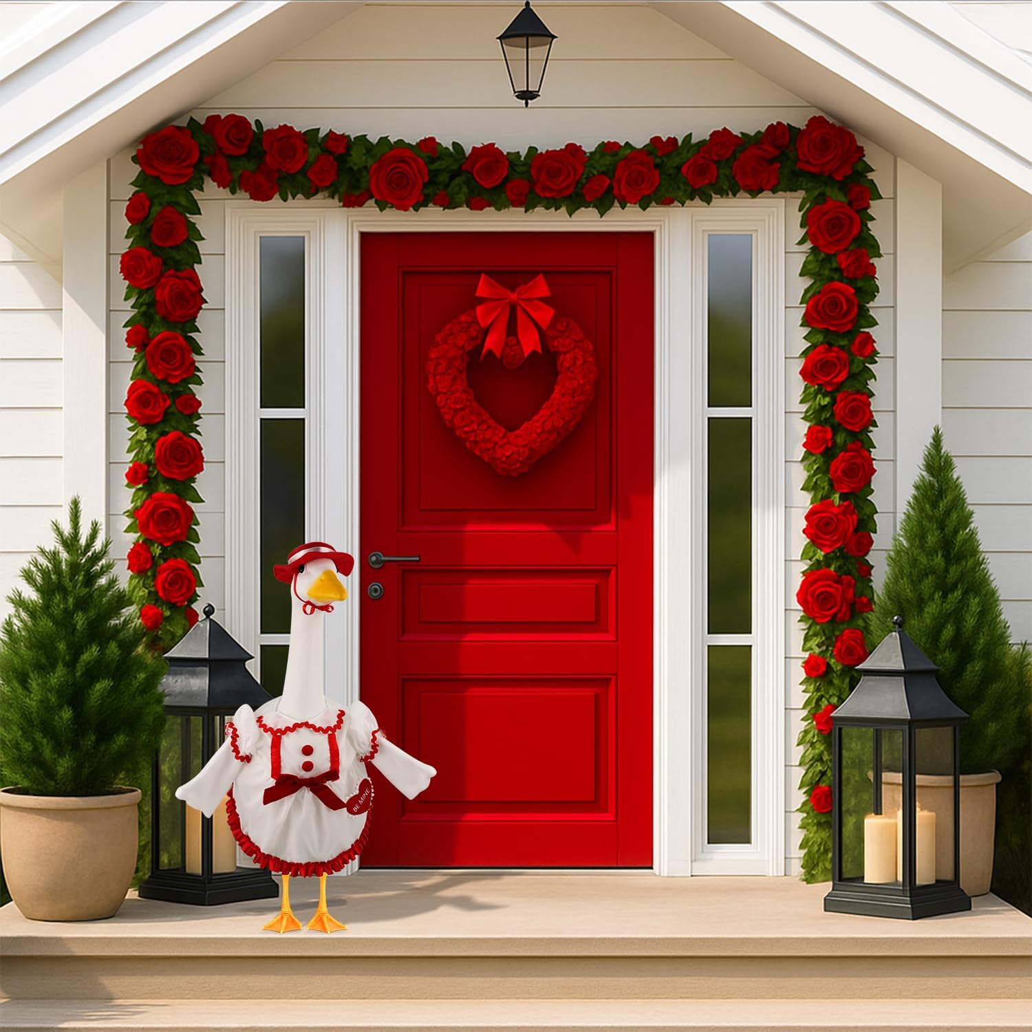 Valentine's Day White Dress Goose Outfit Valentine Heart Pattern Costume Cute Goose Clothes for 23" H Plastic and Cement Statue Garden Lawn Patio Outdoor Decoration