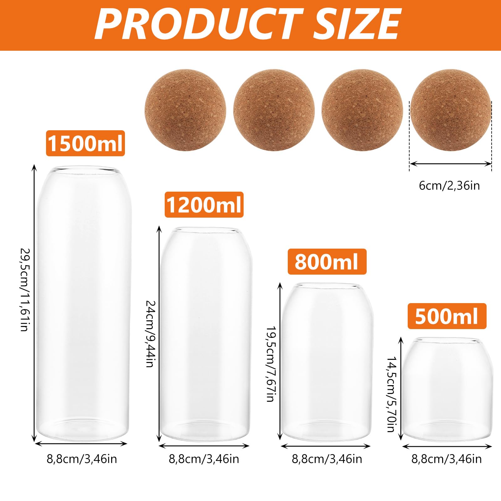 DAJAVE Juego de 4 tarros con bola de corcho, 1500 ml+1200 ml+800 ml+500 ml, cristal transparente apto para alimentos, tarros con tapa para café, especias, azúcar, café, galletas