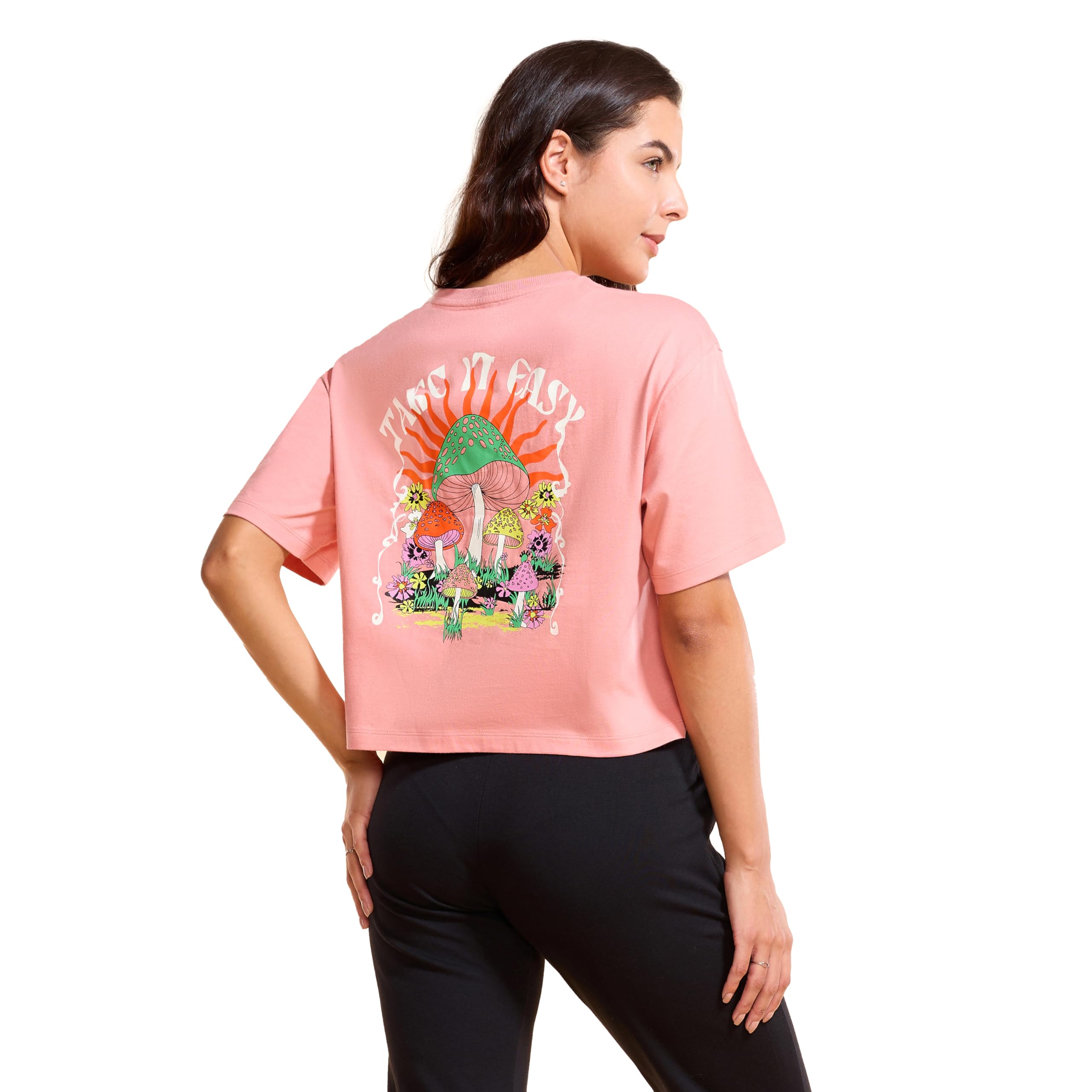 enamor Short Sleeve Crew Neck Crop Length Slip on Square T-Shirt for Women - Back Print, Oversized Fit Soft Cotton French Terry - Graphic E3G5-picture-46