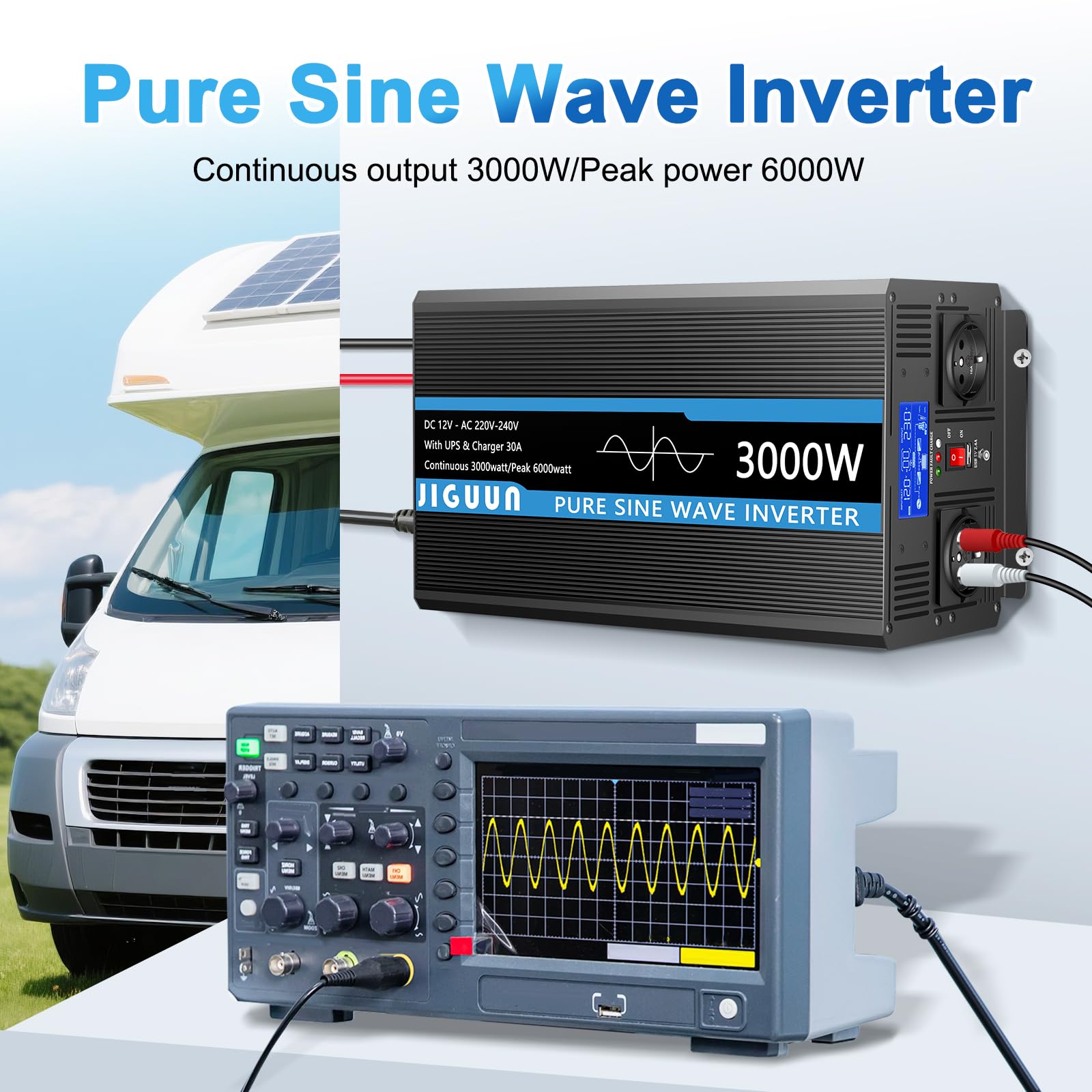 JIGUUN Przetwornica napięcia sinusoidalnego 3000 W, 12 V, 230 V, z ładowarką 30 A, priorytetowym układem zasilania i USV, 2 gniazdami EU, bezprzewodowym pilotem zdalnego sterowania i wyświetlaczem LCD