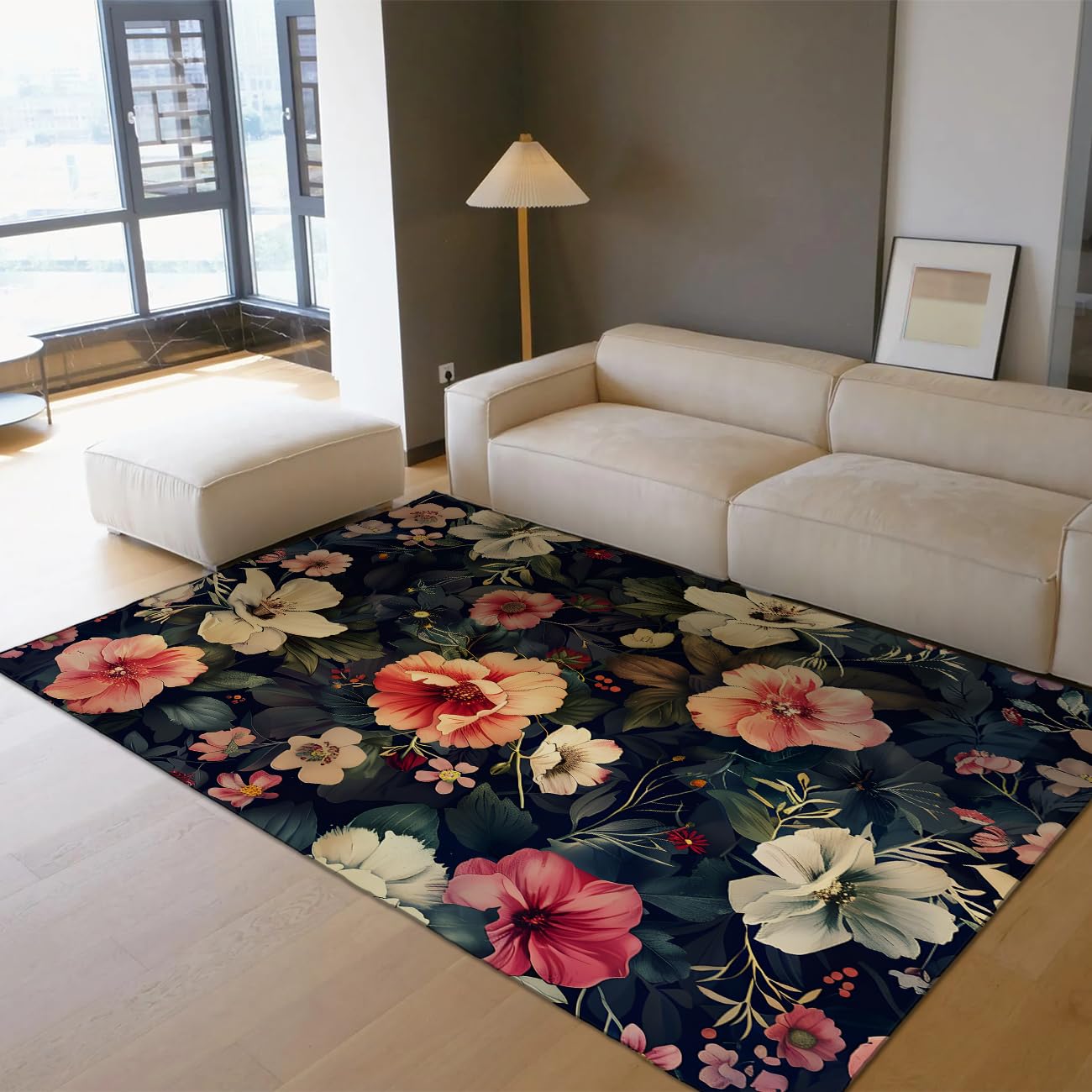 Tapis de salon 180x270 cm lavable au motif botanique vintage et à poil bas