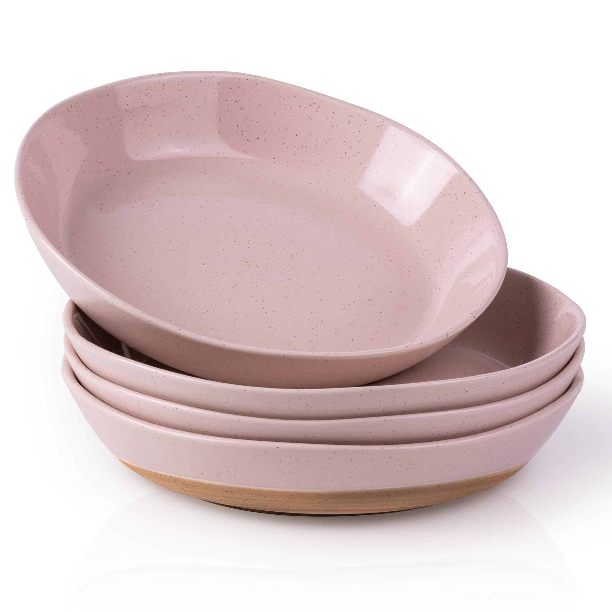 AmorArc 9.5'' Ceramic Large Pasta Bowls, 38oz Handpainted Stoneware Bowls Set of 4, Microwave&Dishwasher Safe Bowls with Wavy Rim&Rustic Terracotta Underside for Fruit Pasta Salad, Cloud Pink