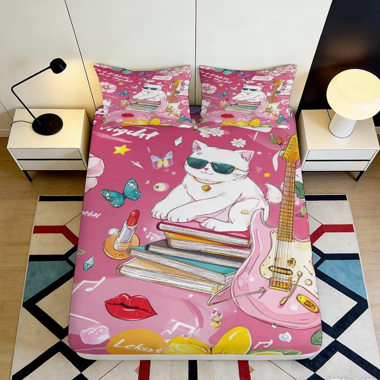 3D Printed Cool Cat Fitted Sheet Microfiber Pink Sunglasses Book Bed Cover for Bedroom Dorm Guestroom Decor 90x200x25cm