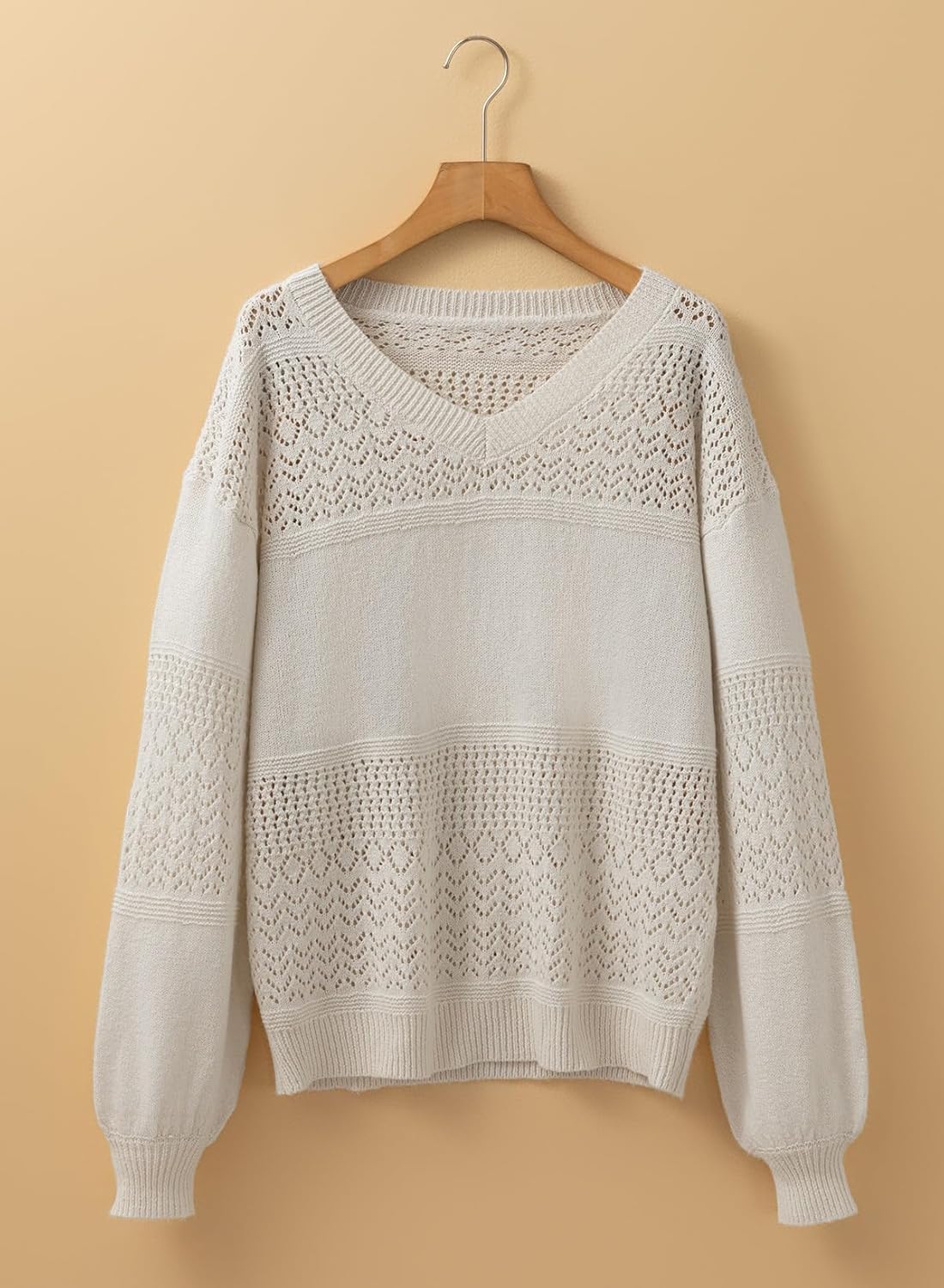 SHEWIN Women's Sweaters Casual Long Sleeve V Neck Crewneck Lightweight Crochet Pullover Sweater Tops - Image 4