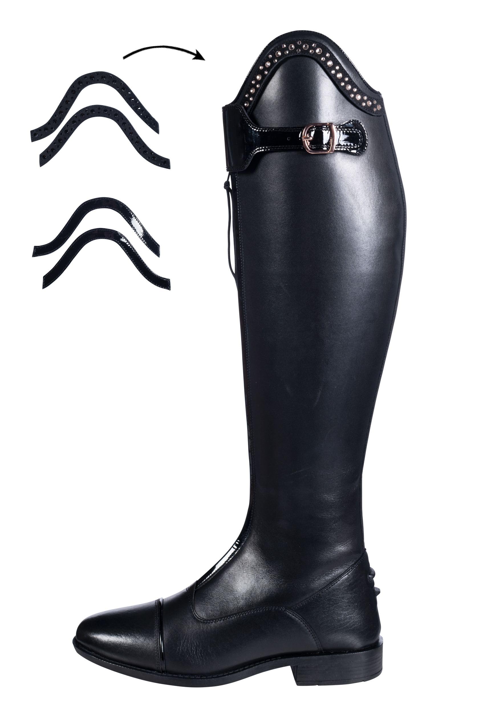 HKM Reitstiefel Trinity Herren | Standardlänge & Weite | Anpassbarer Dressurbogen | Glitzer-Applikationen | Poloschnalle Rosegold | Schwarz/Dunkelblau, Größe 36-44