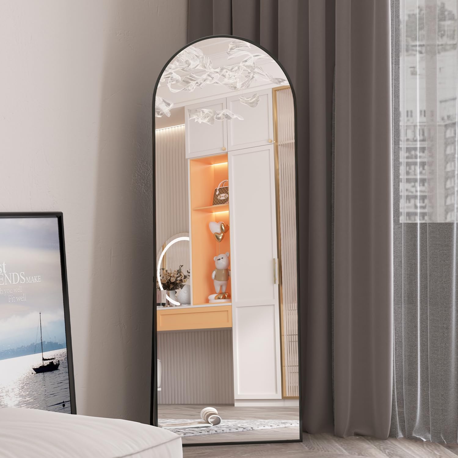 Miroir de Sol cintré 162 x 53 cm Cadre Aluminium Mural Intégral Noir