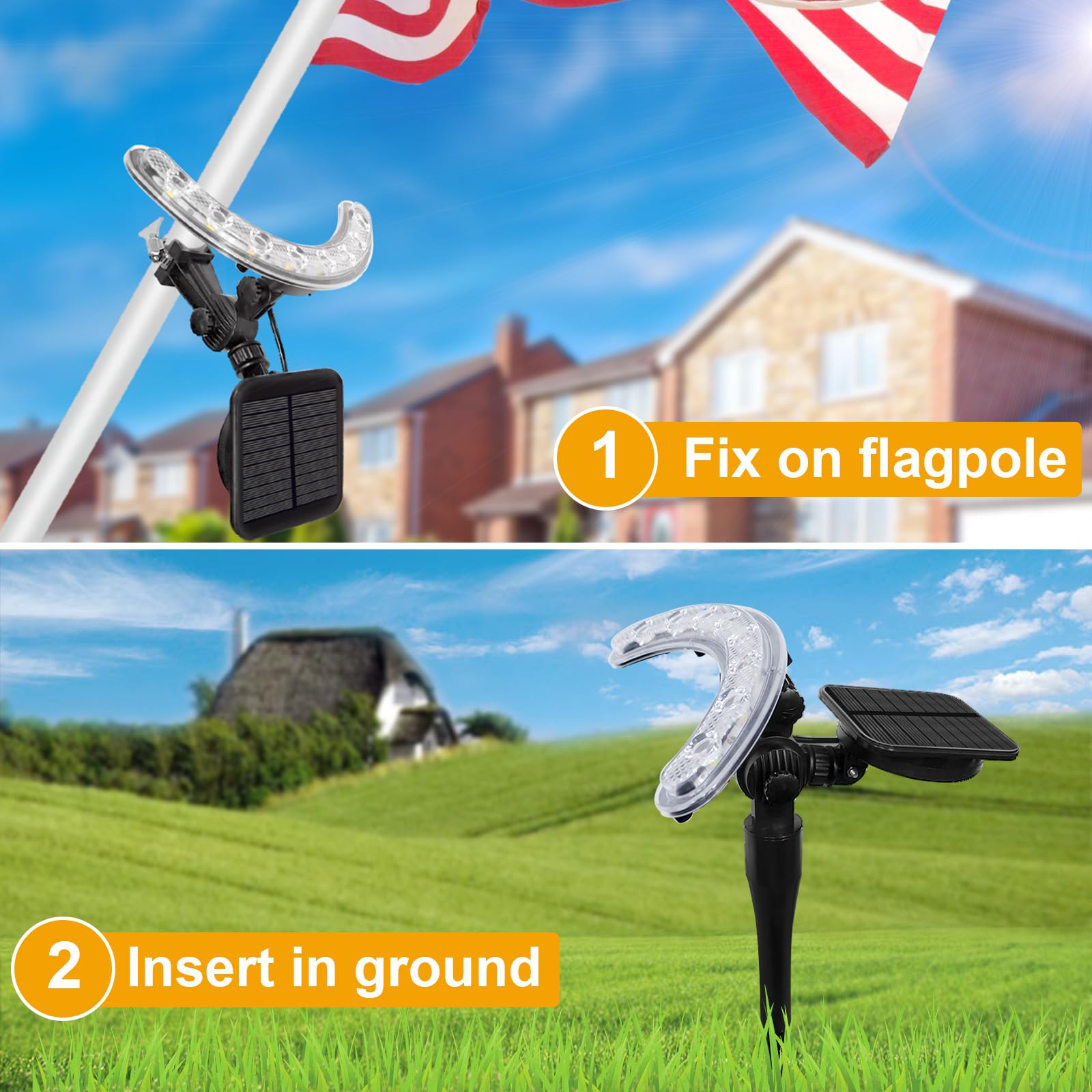 Solar-Fahnenmast-Licht, solarbetrieben, superhelle PC-Kristall-LED-Strahler, verbesserte 8000 mAh 4800 lm, verstellbare Halterung und Metallklemme, passend für 2,5–3,8 cm Fahnenmast, 8–12 Stunden