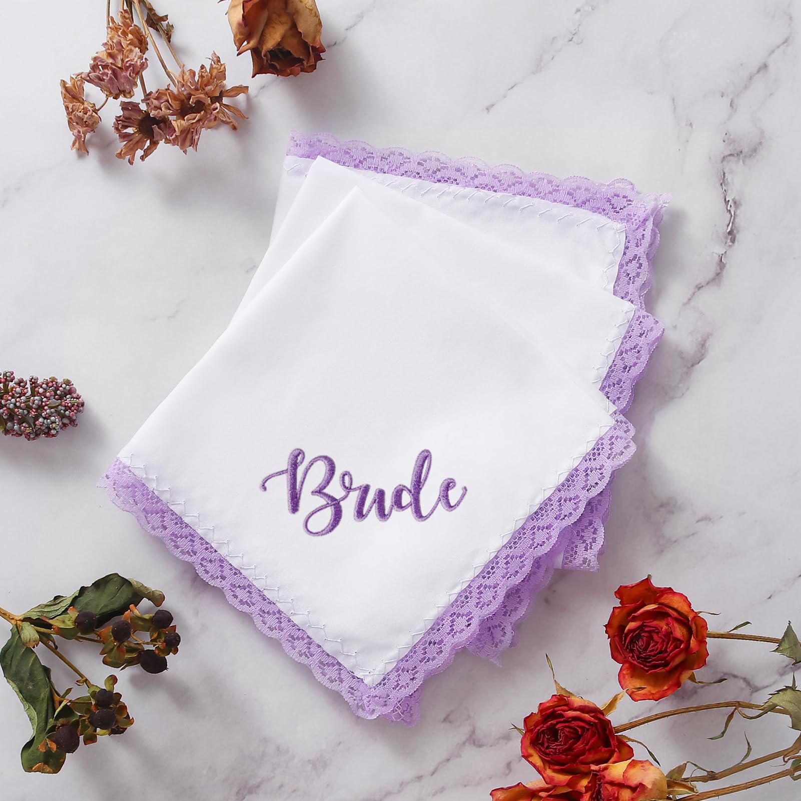 HOULIFE Ladies Handkerchiefs with Lace, Soft Cotton White Handkerchiefs with Lace Edge for Women Female Embroidery (6, Purple)
